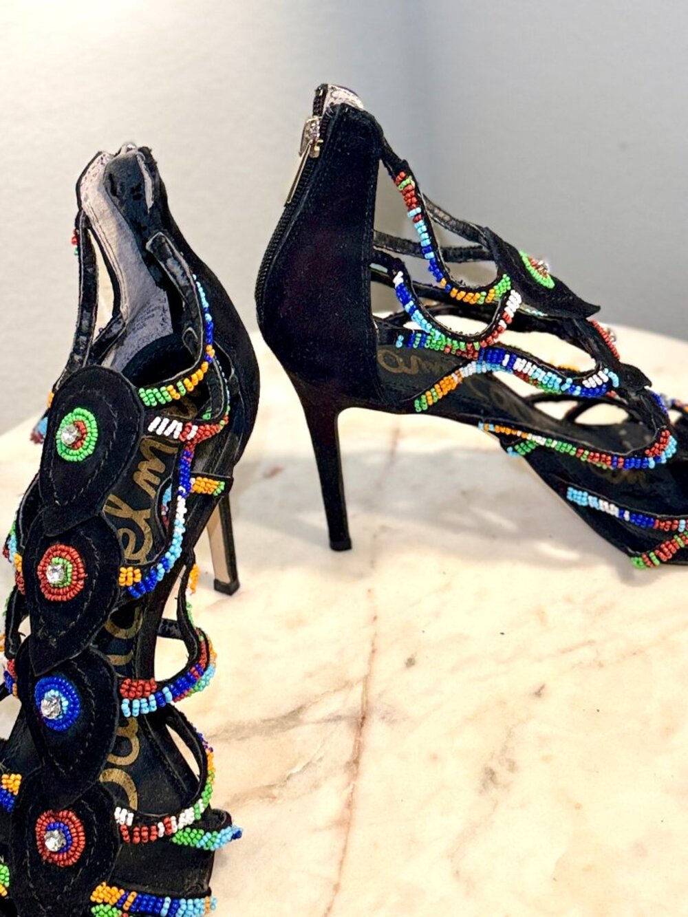 Sam Edelman Strappy Beaded High Heel Black Sandals - Picture 5 of 5